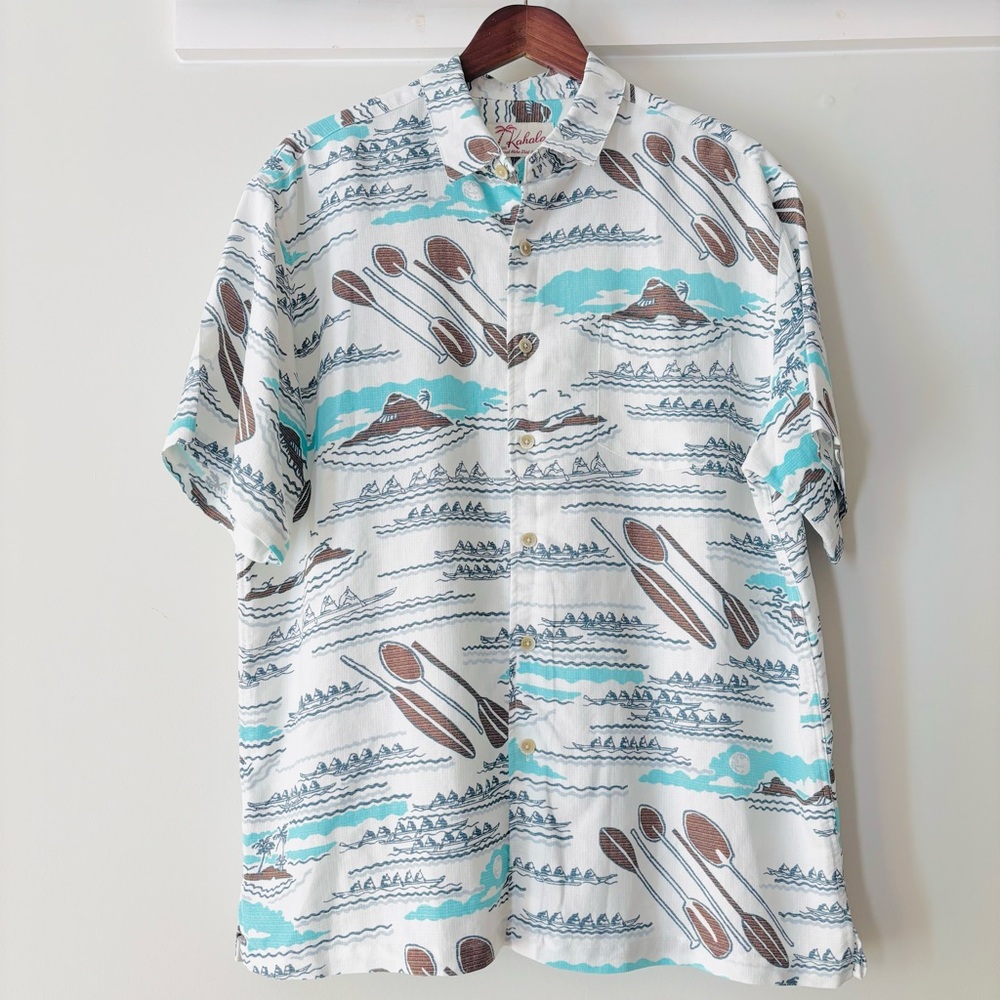KAHALA Print Hawaiian Shirt Volcano Rowboat Button Front Mens Large